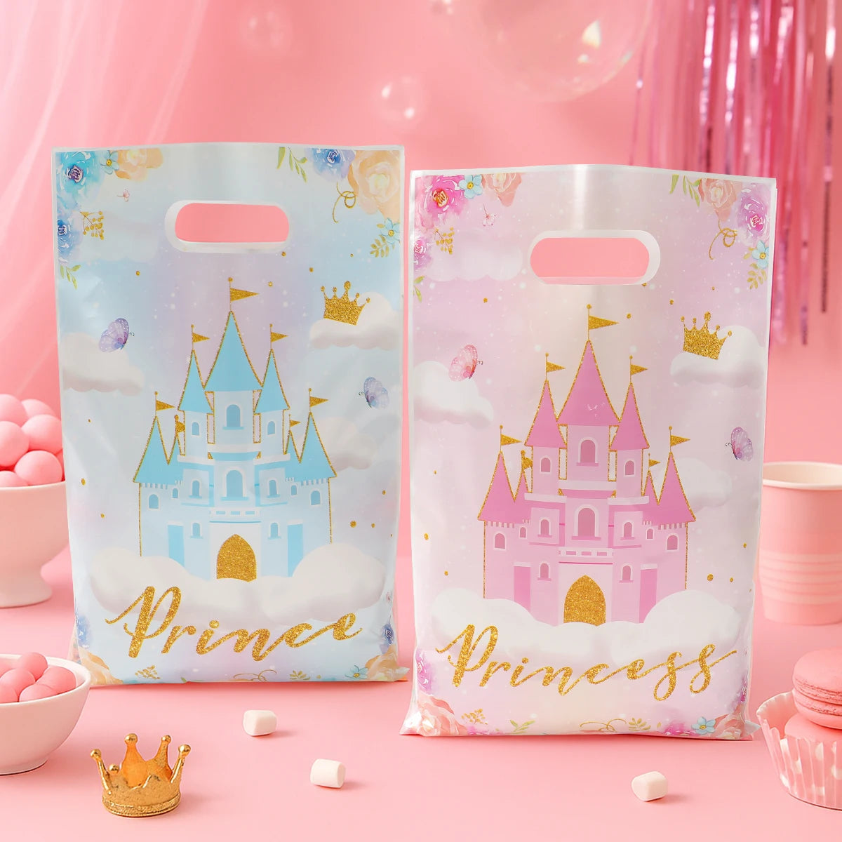 10/25/50pcs Castle Princess Party Handbags Castle and Crown Designs Small Gift Hand Bags for Birthday Baby Shower Party Supplies